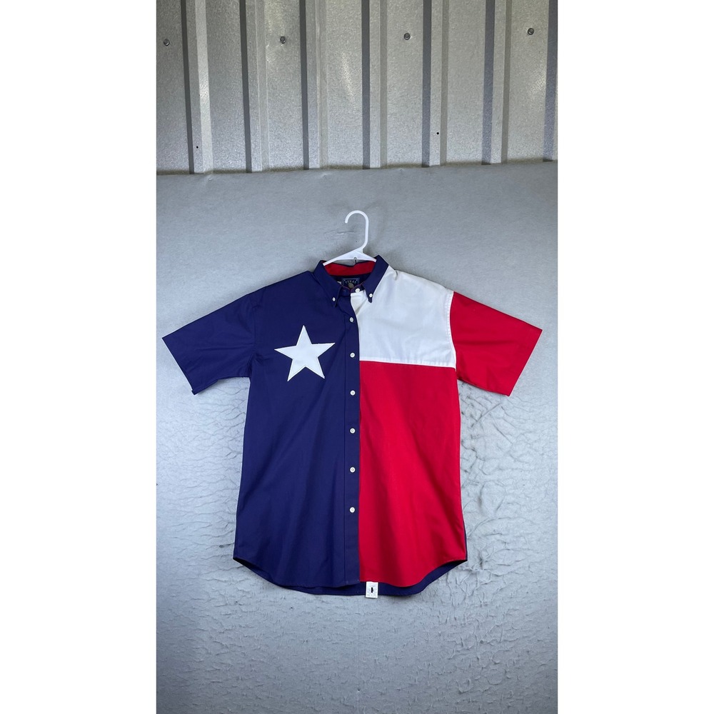 Texas Cotton Flag Shirt Mens Large Blue Red White Excellent Short Sleeve Star
